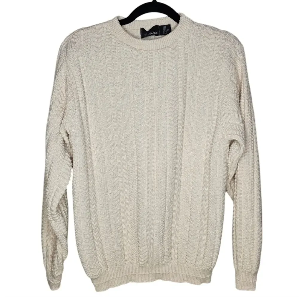 Bill Blass 100% Cotton Crewneck Knitted Ivory Sweater Medium